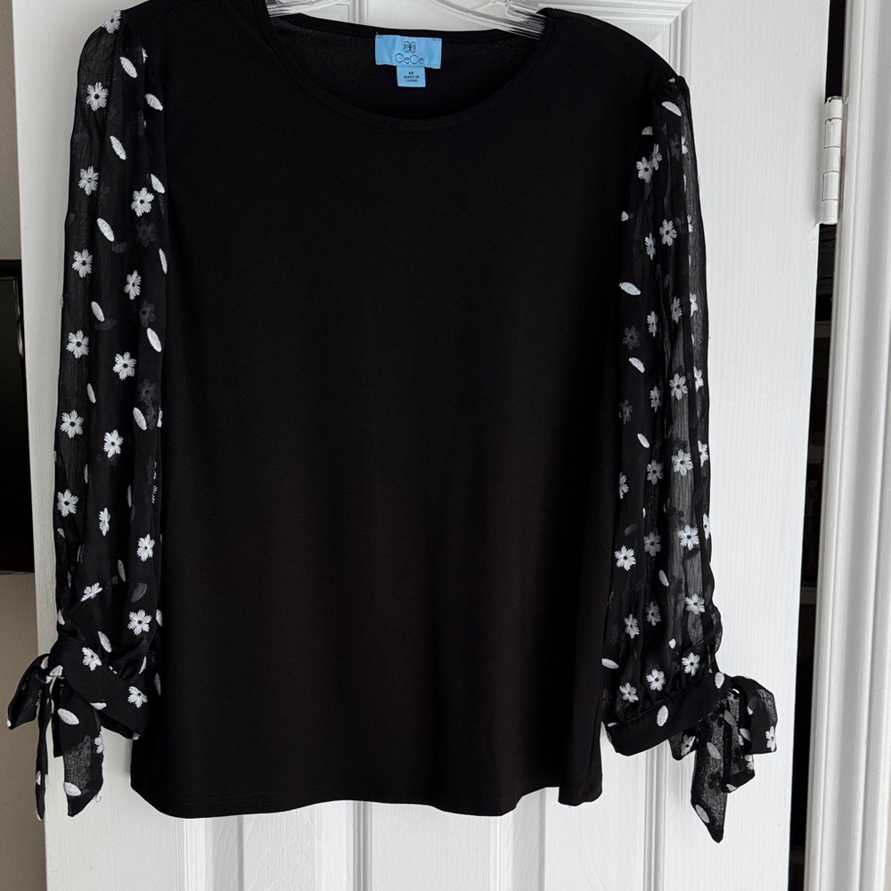 CeCe Black Top with Sheer Floral Tie-Sleeves